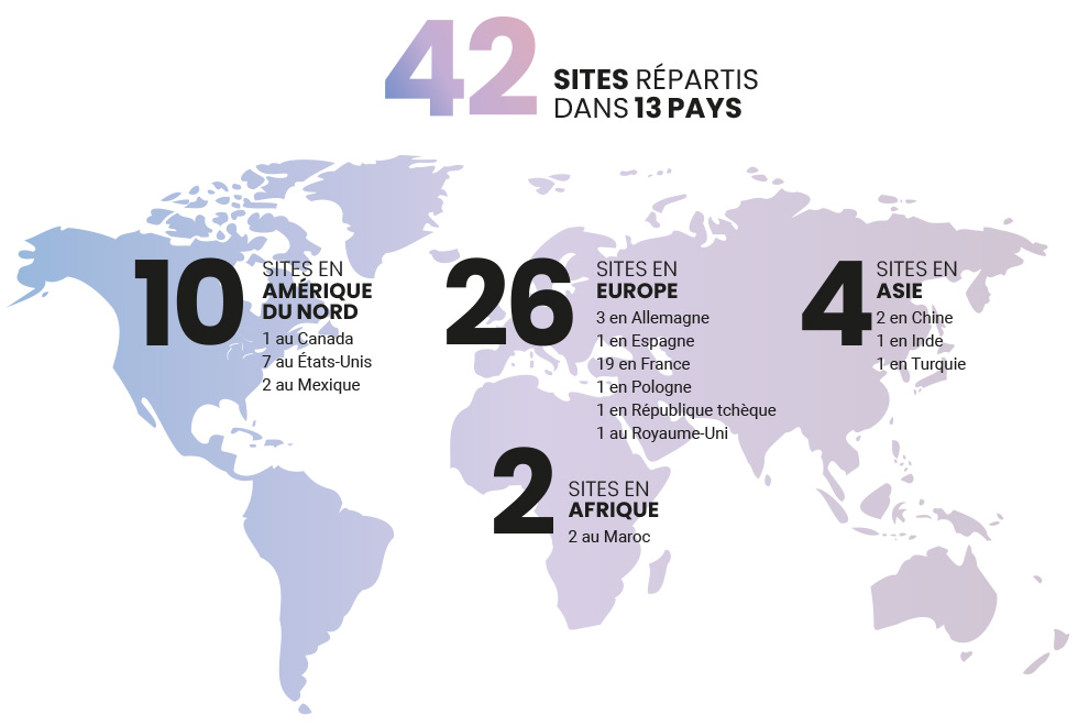 26 sites en Europe, 10 sites en Amérique du Nord, 4 sites en Asie, 2 site en Afrique