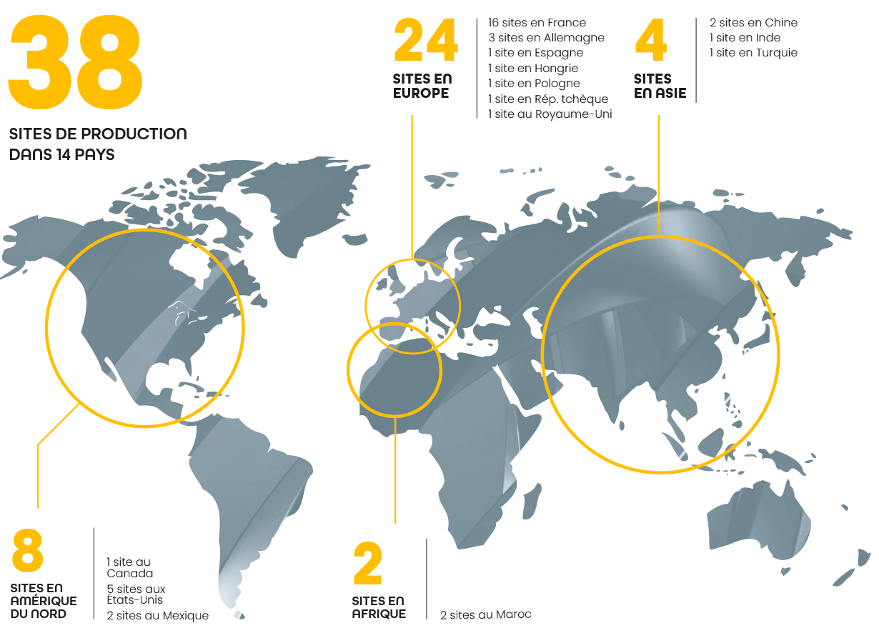38 sites répartis dans 14 pays : 22 sites en Europe, 10 sites en Amérique du Nord, 4 sites en Asie, 2 site en Afrique