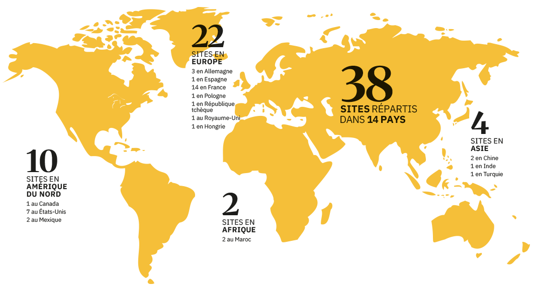 38 sites répartis dans 14 pays : 22 sites en Europe, 10 sites en Amérique du Nord, 4 sites en Asie, 2 site en Afrique